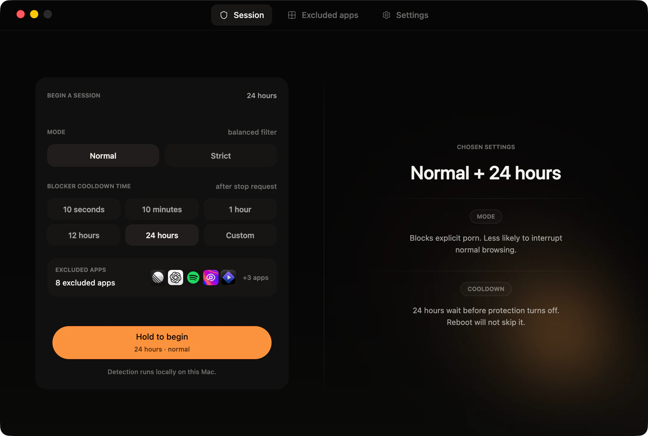 ZenView Mac setup screen showing Normal mode, a 24 hour session, and excluded apps