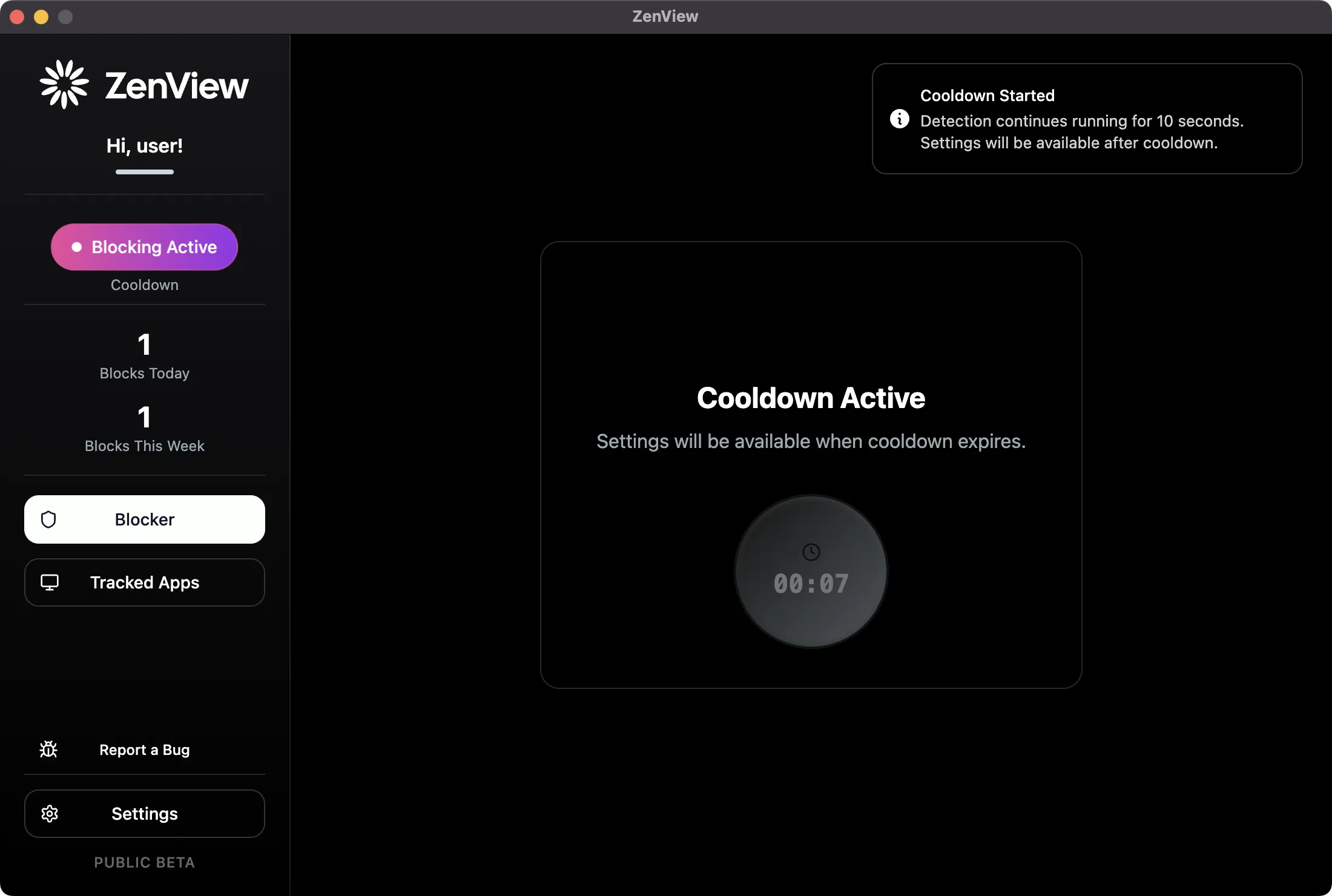 ZenView cooldown timer active